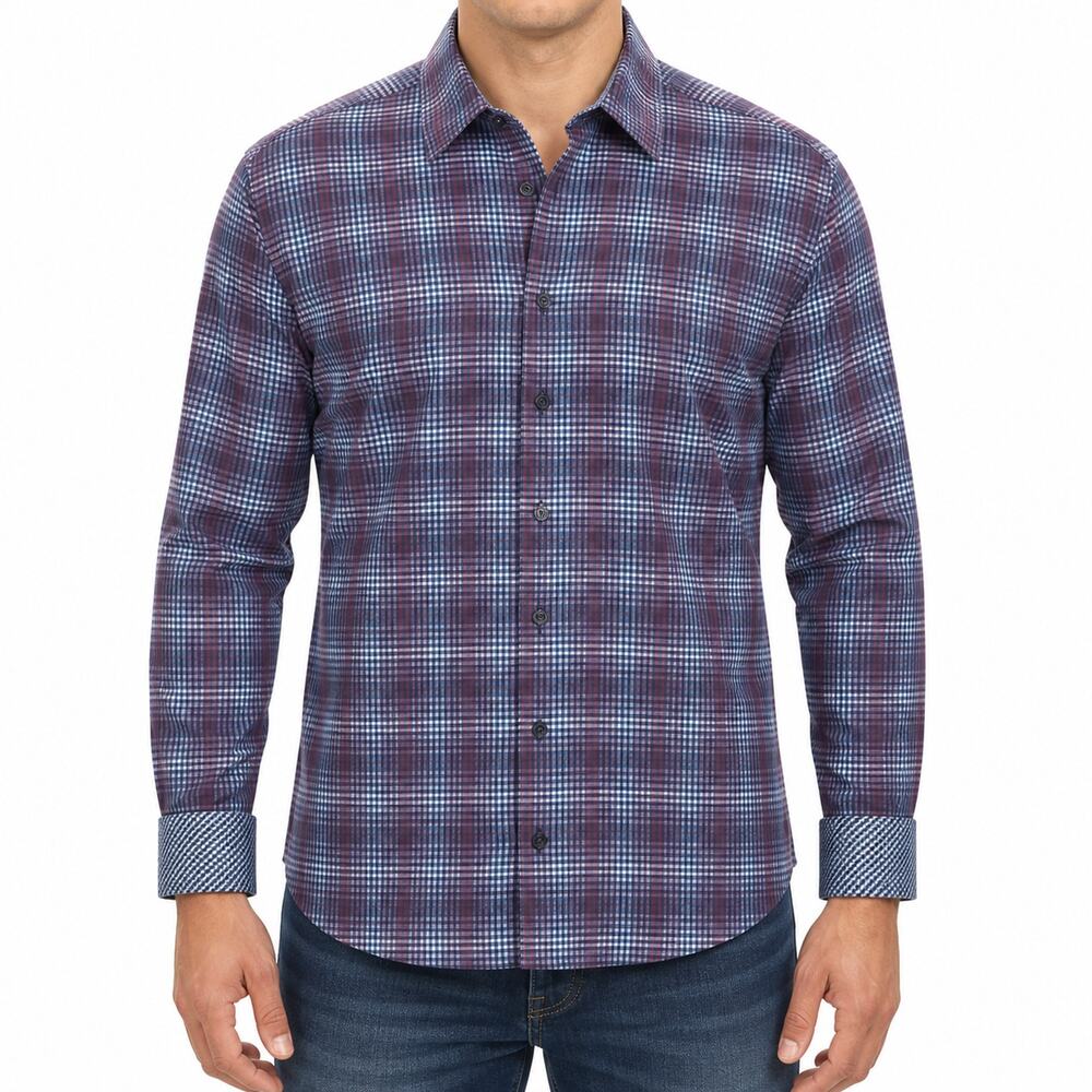 Society Of Threads Shirt Mens Medium Blue Red Plaid Comfort Stretch Slim Fit